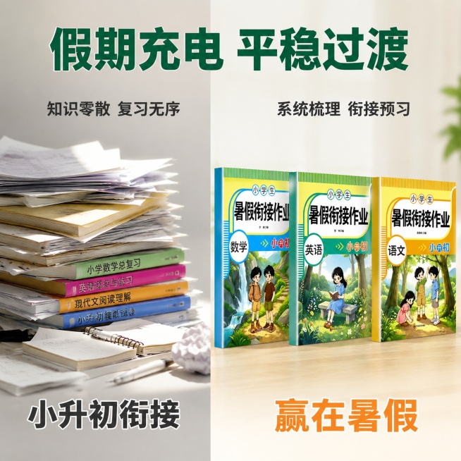 [主图-2] 小升初暑假衔接痛点与目标展示主图
[氛围风格] 清晰对比，直观易懂的教育风格
[画质] 商业摄影质感，光线柔和通透，产品清晰真实，画面干净高级
[元素] 左侧展示痛点场景：书桌堆满零散杂预览效果
