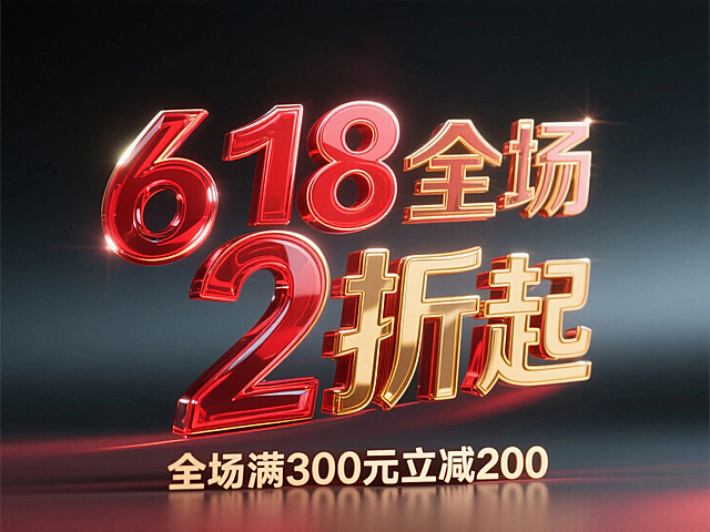 文案“618全场2折起”，文案2层展示，玻璃质感描边，副标题 “全场满300元立减200”底部金色文案，暗色渐变背景