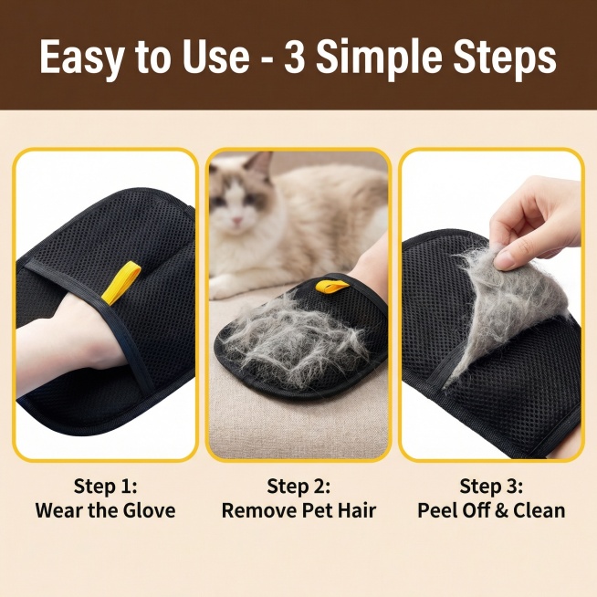 欧美跨境电商风格，宠物静电除毛手套使用步骤引导展示图，分切片展示佩戴手套、清理毛发、清理手套三个步骤，突出英文文案"Easy to Use - 3 Simple Steps"，产品严格按照原图样式，无预览效果