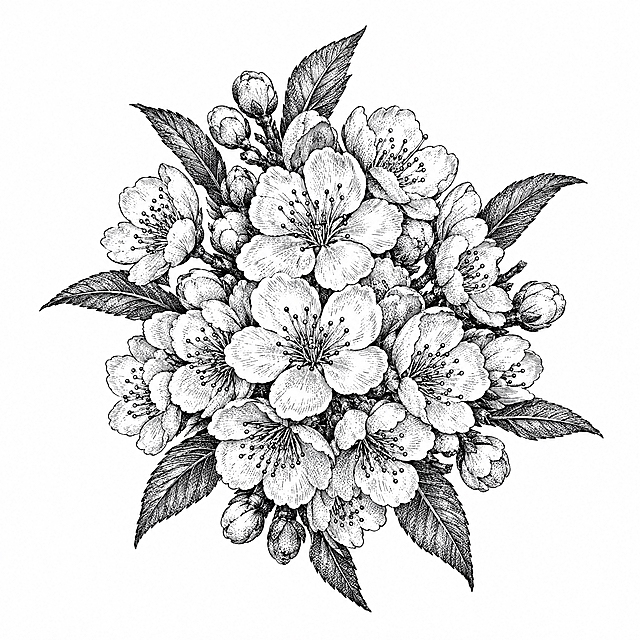 参考图中包装上的黑白铜版画/古典植物雕版线描风格，重新绘制一幅【桃花】的简笔画：一簇繁盛的桃花居中成团，多朵桃花稔密紧凑、层层盛开，外圈环绕数片桃叶，整体呈饱满的团块状构图，花瓣与叶脉用细密排线刻画，线条清晰干净，纯白背景，黑白色调，无任何文字