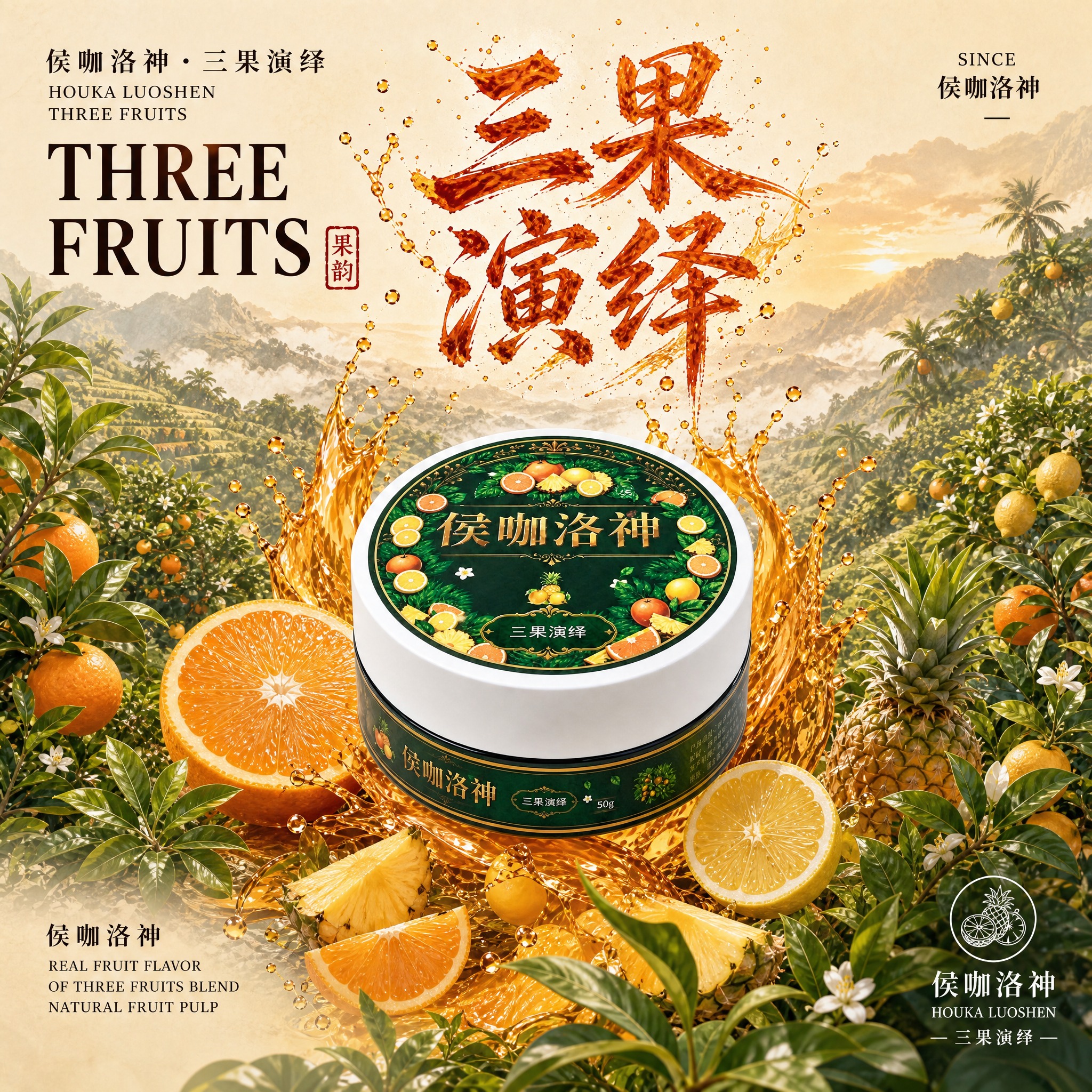 参考伯爵红茶爆款主图的版式风格，生成三果演绎水果茶口味的同系列… - 图片创意预览