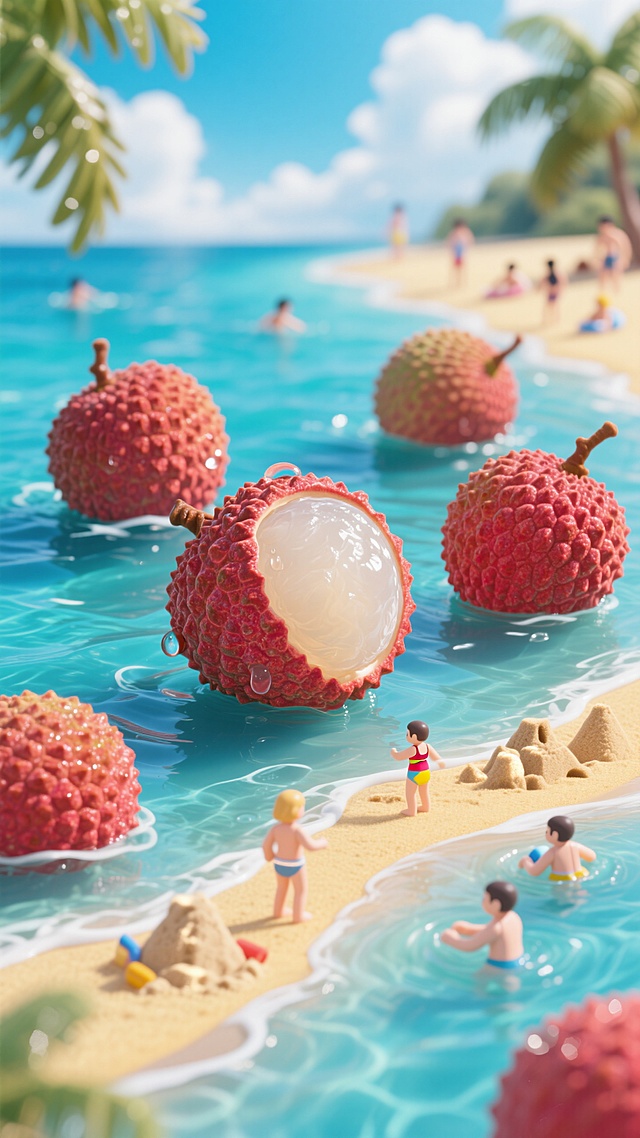 几颗巨大荔枝漂浮在海上作为视觉中心，，海边，沙滩，蓝天白云，散客有的在游泳，有的在沙滩上