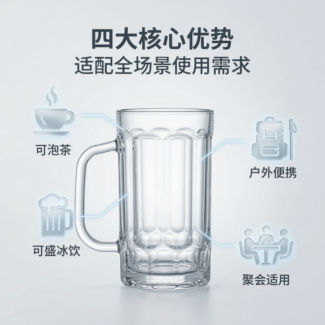 [垫图]输入图
[主图主题]透明玻璃杯核心卖点展示
[氛围/风格]明亮干净，简约通透
[画面元素]透明玻璃杯居中，周围环绕4个3D磨砂玻璃质感图标：分别是茶杯符号、啤酒杯符号、聚餐小人符号、户外背包符预览效果
