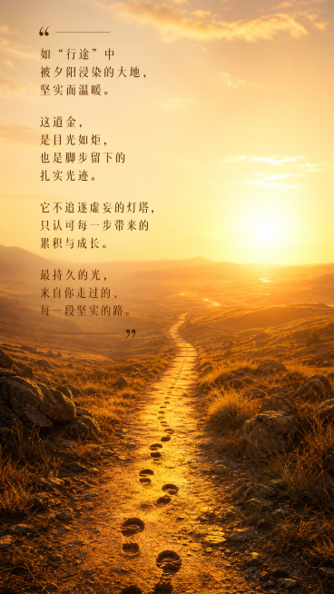 简约夕阳大地背景行途主题意境图，呈现夕阳浸染的暖金大地质感，坚实温暖氛围，契合每一步累积成长的内涵，融入完整文案："如“行途”中被夕阳浸染的大地，坚实而温暖。这道金，是目光如炬，也是脚步留下的扎实光迹预览效果