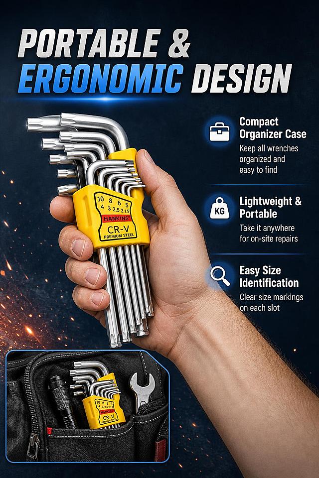 Amazon listing infographic - portable organizer and ergonomic design highlight. Professional industrial style with dark blue-gray gradient background. The hex key wrench set from input image is shown being held by a Caucasian male hand (only hand and wrist visible, no face) gripping the yellow plastic holder, demonstrating the portable carrying design. Keep product appearance, structure, material, colors exactly consistent with input image. Large headline at top left reads "PORTABLE & ERGONOMIC DESIGN". Right side features three benefit callouts with icons arranged vertically: 1) "Compact Organizer Case" with a briefcase icon - description: "Keep all wrenches organized and easy to find", 2) "Lightweight & Portable" with a weight icon - description: "Take it anywhere for on-site repairs", 3) "Easy Size Identification" with a magnifying glass icon - description: "Clear size markings on each slot". At the bottom, a small inset image shows the wrench set fitting inside a tool bag or pocket to demonstrate portability. Lighting: dramatic side lighting, strong highlights on metal wrench surfaces, soft glow around the hand. Color palette: dark blue-gray background, silver metal, yellow holder accent, white text with blue highlights. All text in English, modern bold sans-serif font. No Chinese text anywhere. Negative: deformed hand, extra fingers, distorted wrenches, blurry text, Chinese characters, watermarks, Asian hand, face visible, cartoon style