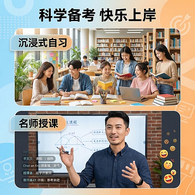 [主图主题] 2027考研班学习体验展示
[氛围/风格] 活泼欢快年轻风格，积极向上氛围感
[画面元素] 拼图画布，上半部分展示年轻考研学生认真刷题学习状态，下半部分展示老师线上直播授课特写，两张图光影统一，过渡自然，背景铺满全屏，色调明亮
[配色色系] 主色调：浅蓝 暖橙；辅助色：米白
[视角构图] 上文下图拼接构图，平视视角
[文字版式] 顶部大标题 "科学备考 快乐上岸"，上半图左侧悬浮标题 "沉浸式自习"，下半图左侧悬浮标题 "名师授课"，所有文字都放在半透明渐变圆角框内，字色白色，字体加粗无衬线，排版错落，不遮挡主体人物面部