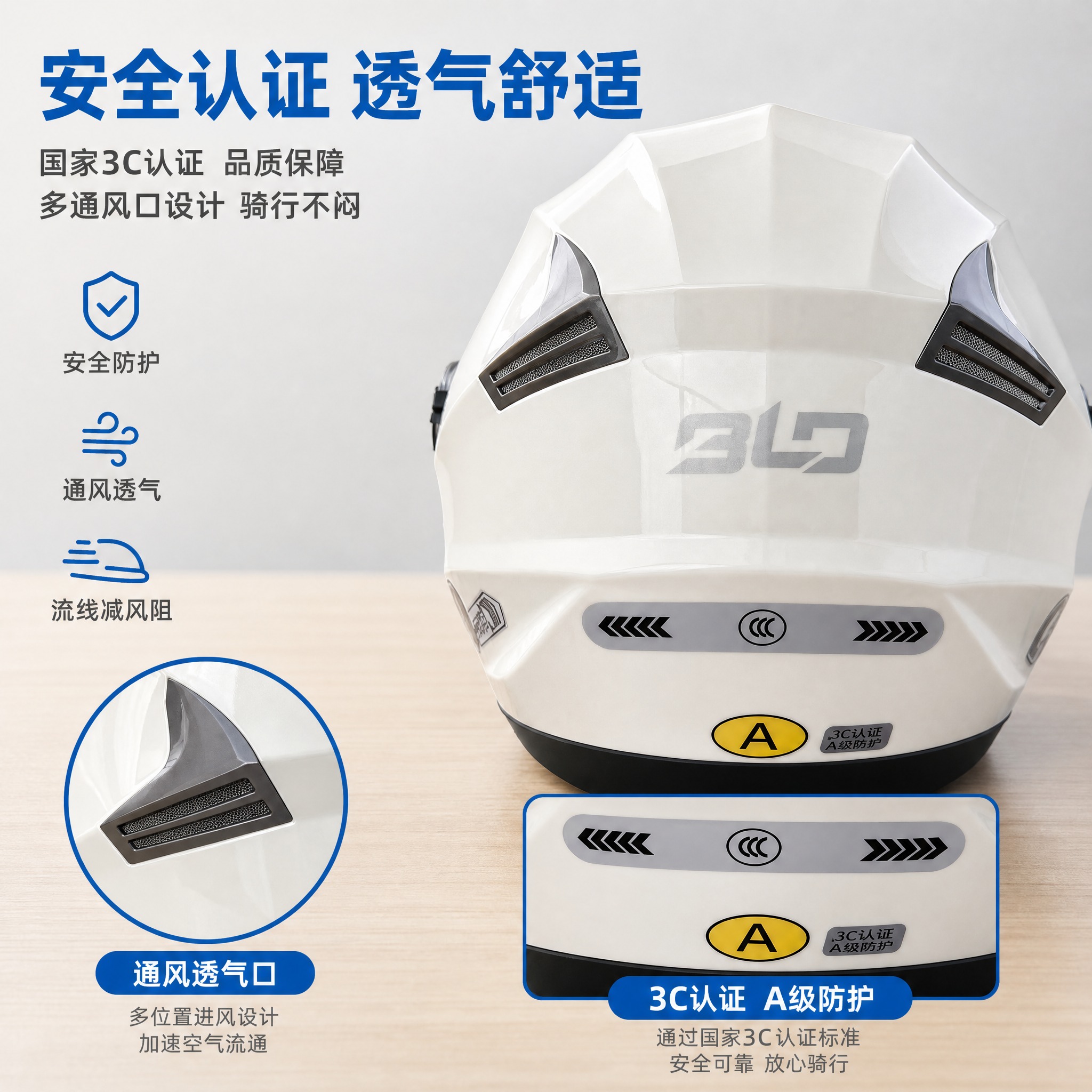 [主图-2] 白色3C认证电动车头盔核心卖点图，突出3C认证安… - 图片创意预览