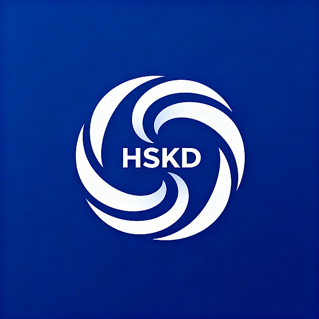 医疗行业图形Logo设计，华晟柯渡品牌。三条流畅白色曲线交织成对称循环形态，形似太极生命螺旋，融入华晟柯渡英文缩写HSKD。象征全生命周期管理与生命健康循环守护，体现服务连续稳定。深邃宝蓝色背景，白色图形，极简矢量风格，中心构图，专业科技感，高识别度。