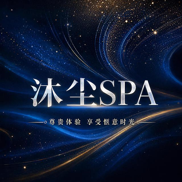 在当前图片基础上添加点缀文字"尊贵体验 享受惬意时光"，保证原来居中的"沐尘SPA"文字完全不动位置和样式，保持整体设计感，保留深蓝色金粒子流线背景，不添加粉色元素，保持1:1尺寸
