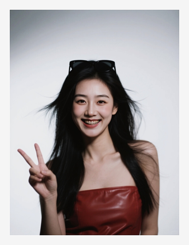 一个女生，红色皮衣，黑色长发被风吹开，头顶架墨镜，大笑，手比耶，正脸特写，低饱和度，加强阴影白色背景。