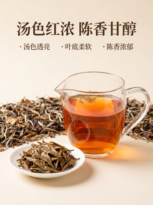 [详情页第四屏] 茶汤叶底展示
[氛围风格] 温润通透，突出陈化老茶泡后品质
[画质] 商业摄影质感、光线柔和通透、茶汤清澈透亮、画面干净高级
[元素] 玻璃公道杯盛放泡好的老白茶茶汤，旁边展示冲泡后预览效果