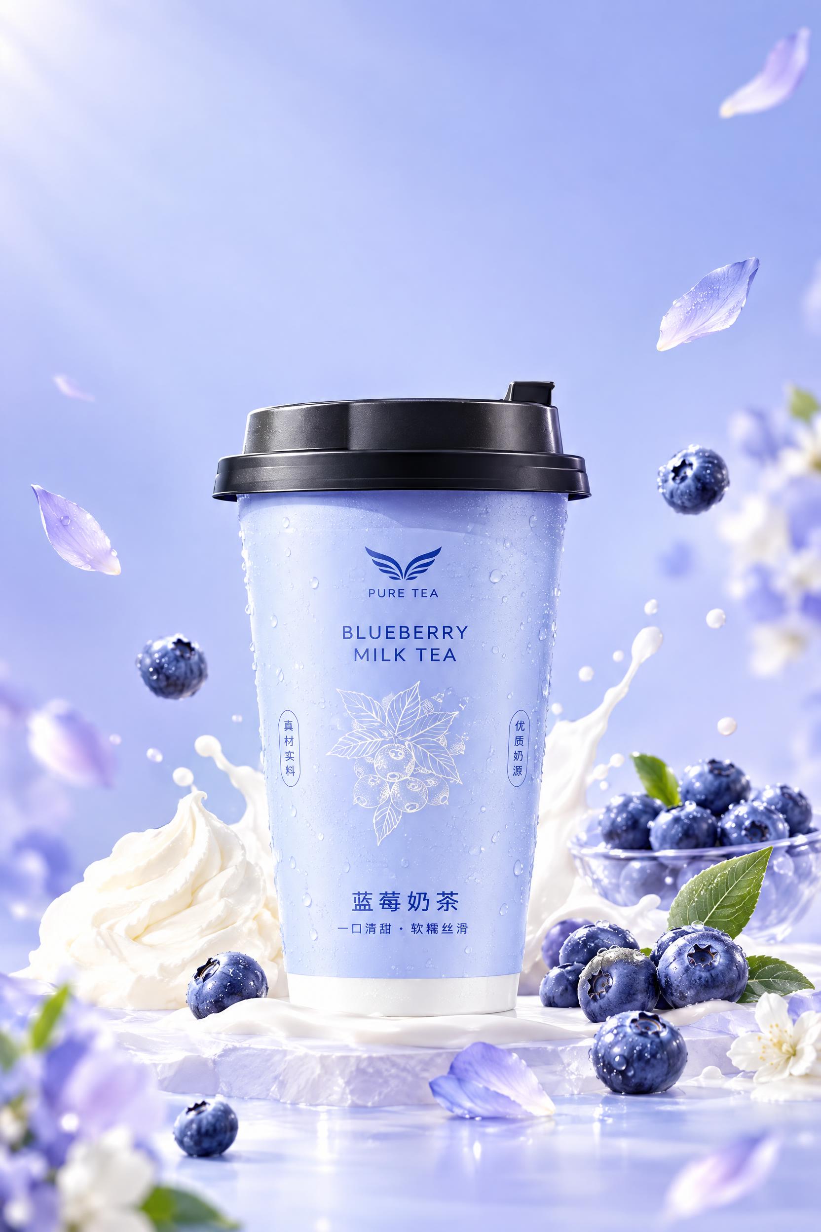基于图中的蓝莓奶茶杯产品，生成一张竖版奶茶产品海报，尺寸790… - 图片创意预览