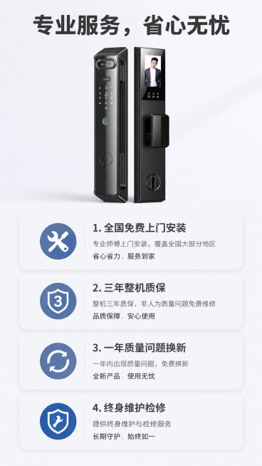 [第10屏] 安装售后保障说明屏。本屏使用【图1】作为产品小图展示。
[氛围/风格]：服务保障简约风，浅底色，清晰信息排版，安心可信。
[元素布局]：顶部大标题「专业服务，省心无忧」，产品小图放在顶部预览效果