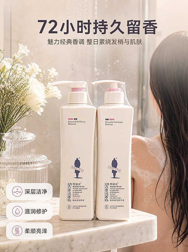 [商品] 使用【图1】阿道夫精油香护理套装，两瓶产品放置在浴室置物架上，保留白色方瓶、按压泵头、瓶身所有Logo与文字；产品外观与结构不变。
[画面] 第5张 浴室真实使用场景。阿道夫洗沐两瓶产品放置在大理石浴室置物架上，正面朝向镜头，占画面约40%。背景是模糊的浴室环境：浅色瓷砖墙面、玻璃淋浴屏的朦胧反光、空气中有细微水雾感、旁边有白色小花与透明玻璃罐装饰。画面右侧是一位亚洲女性的背影局部，长发披肩，正在沐浴，肩部有泡沫，只展示背部与头发，不露脸。整体温馨治愈的浴室氛围。
[视觉] 套系策略：风格=高级柔光香氛商业摄影；标题字=现代无衬线粗体；正文字=简洁无衬线体；主色=粉米白；背景延展=基于粉米白做深浅渐变、柔光散景和细腻质感；强调色=柔粉紫，仅用于小面积图标、引线和标签；标题色=深紫灰；正文色=暖棕灰；组件=圆角半透明白色信息卡、细线引线、胶囊形图标；光影=左前侧45度暖柔光。
[文字] 画面上方主标题「72小时持久留香」深紫灰大号粗体居中。副标题「魅力经典香调 整日萦绕发梢与肌肤」暖棕灰色。画面左下角三个小图标纵向排列：「深层洁净」「滋润修护」「柔顺亮泽」，圆角半透明白色小卡片，深灰色文字。
[规格] 图片比例3:4竖版，2048x2732，2K分辨率，quality=medium；负向：变形、错字、文字过小、人物面部扭曲、露脸过多、冷蓝背景、产品悬浮、水印、平台Logo。