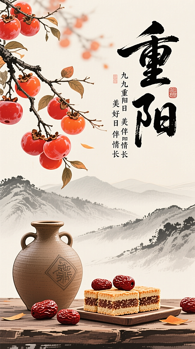 右侧“重阳”书法字体和“九九重阳日 美好伴情长”，左侧枝头挂满的红柿子，色泽鲜艳，下方的陶制酒壶和摆放着红枣的方形糕点，背景是水墨远山。