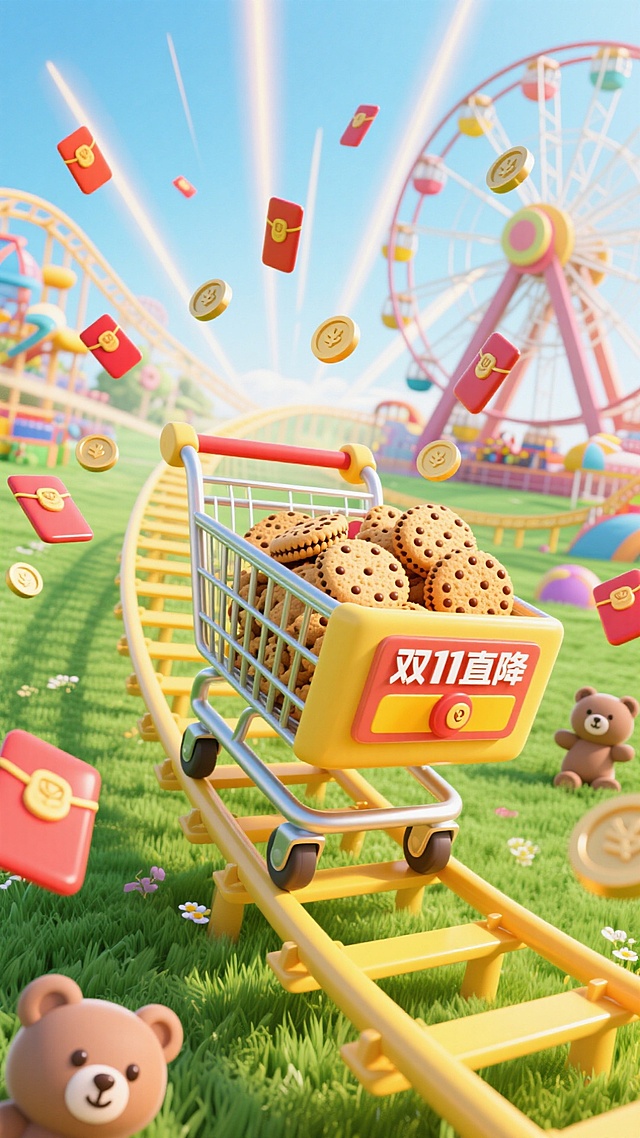 主视觉为装满饼干的购物车在黄色过山车轨道上快速滑行，购物车上写“双11直降”，背景包含摩天轮、游乐设施。草地上有小熊。很多红包和金币在购物车旁呈放射性从远处向屏幕前来。