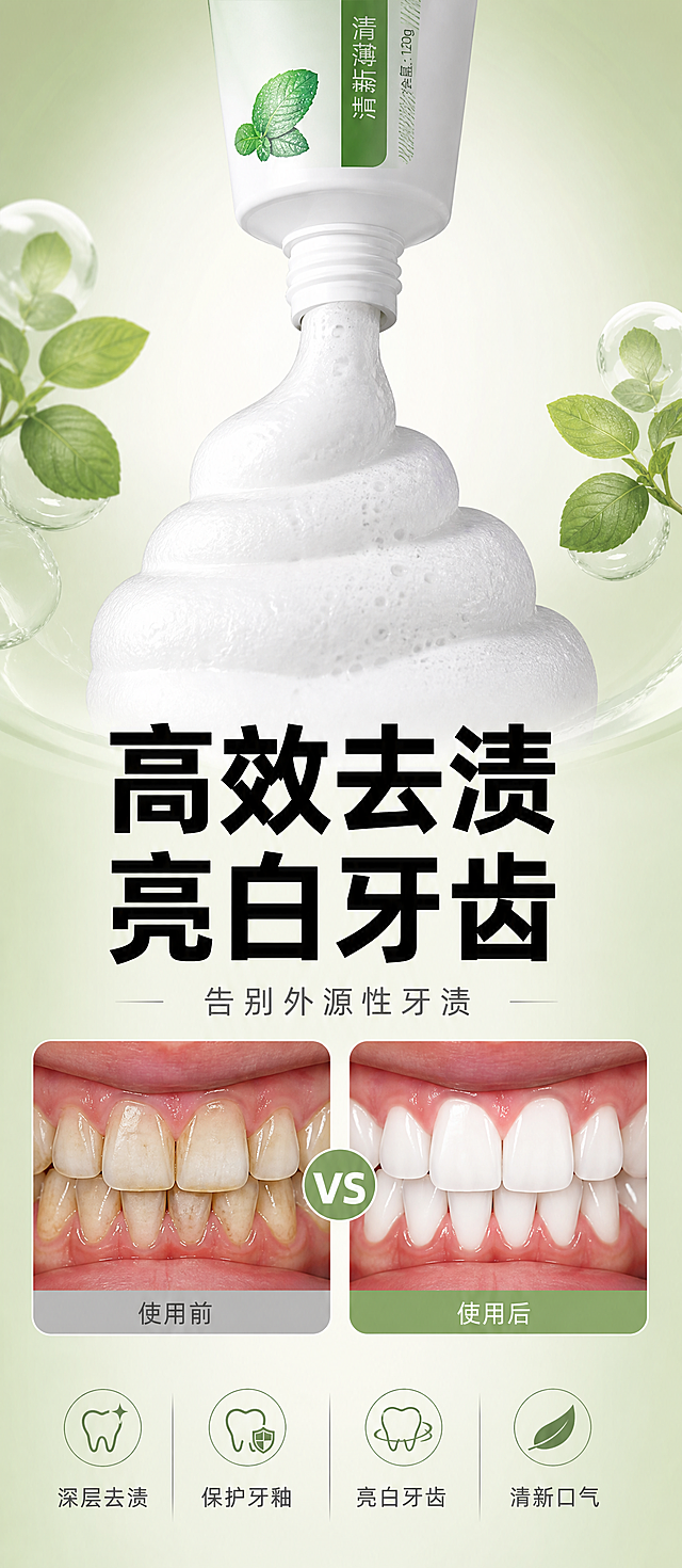 笑容加牙膏 10 屏电商详情页分屏提示词
第 1 屏
主文案：焕亮笑容 清新口腔
副文案：温和护齿 日常优选
文案设计与排版：主文案居中放大，字体粗黑；副文案在主文案下方，字体纤细，颜色比主文案浅一度
画面主体与构图：画面中心摆放笑容加牙膏主体，搭配简约漱口杯、软毛牙刷，背景为浅绿渐变底色，点缀清新薄荷叶，整体构图居中对称，画面留白充足
画质与细节：高清 8K 分辨率，膏体、管身纹理清晰，光影自然柔和，实景实拍质感
第 2 屏
主文案：多种口腔小烦恼
副文案：一支轻松化解
文案设计与排版：主文案居中放大，字体粗黑；副文案在主文案下方，字体纤细，颜色比主文案浅一度
画面主体与构图：画面分为四组生活化小场景，分别展示牙渍、口气、牙龈不适、牙黄痛点，牙膏置于画面上方居中位置，背景浅绿纯色，构图均衡分区
画质与细节：高清 8K 分辨率，人物场景自然真实，牙齿、口腔细节写实，色彩通透
第 3 屏
主文案：高效去渍 亮白牙齿
副文案：告别外源性牙渍
文案设计与排版：主文案居中放大，字体粗黑；副文案在主文案下方，字体纤细，颜色比主文案浅一度
画面主体与构图：画面中心为牙膏挤出泡沫特写，搭配牙齿去渍前后对比实拍图，背景浅绿渐变，主体居中突出，左右元素对称分布
画质与细节：高清 8K 分辨率，泡沫绵密质感清晰，牙齿细节真实，光影层次丰富
第 4 屏
主文案：温和护龈 柔软洁净
副文案：呵护脆弱牙龈
文案设计与排版：主文案居中放大，字体粗黑；副文案在主文案下方，字体纤细，颜色比主文案浅一度
画面主体与构图：画面中心展示牙膏作用于牙龈的实景特写，旁侧摆放绿植点缀，浅绿柔光背景，构图居中稳重，视觉焦点集中在产品使用效果
画质与细节：高清 8K 分辨率，牙龈、膏体质感细腻，光线柔和无强光，实景拍摄质感拉满
第 5 屏
主文案：持久留香 冰爽清新
副文案：全天告别异味
文案设计与排版：主文案居中放大，字体粗黑；副文案在主文案下方，字体纤细，颜色比主文案浅一度
画面主体与构图：画面中心为牙膏搭配新鲜薄荷、天然草本原料，浅绿渐变背景，产品居于视觉中心，四周绿植错落点缀，构图舒展自然
画质与细节：高清 8K 分辨率，植物纹理、膏体光泽清晰，色彩清新鲜亮，实景高清实拍
第 6 屏
主文案：安心配方 科学配比
副文案：成分纯净更放心
文案设计与排版：主文案居中放大，字体粗黑；副文案在主文案下方，字体纤细，颜色比主文案浅一度
画面主体与构图：画面中心摆放笑容加牙膏，侧边搭配透明器皿展示核心原料，标注安全成分标识，浅绿简约背景，左右对称构图
画质与细节：高清 8K 分辨率，原料、瓶身、标识文字清晰可辨，画面干净通透，实景写实风格
第 7 屏
主文案：绵密泡沫 深入清洁
副文案：缝隙污垢全带走
文案设计与排版：主文案居中放大，字体粗黑；副文案在主文案下方，字体纤细，颜色比主文案浅一度
画面主体与构图：特写牙刷上饱满绵密的牙膏泡沫，牙膏主体放置画面一侧，浅绿柔光背景，主体突出，构图简约大气
画质与细节：高清 8K 分辨率，泡沫层次感、蓬松质感清晰，微距拍摄细节拉满，色彩统一柔和
第 8 屏
主文案：口碑之选 品质认证
副文案：万千用户真实信赖
文案设计与排版：主文案居中放大，字体粗黑；副文案在主文案下方，字体纤细，颜色比主文案浅一度
画面主体与构图：画面中心为笑容加产品，下方拼接权威检测标识、用户真实使用实拍图，浅灰 + 浅绿拼接背景，分区规整，构图平稳
画质与细节：高清 8K 分辨率，证书文字、人物实拍画面清晰，整体色调统一，实景风格
第 9 屏
主文案：常见疑问 全面解答
副文案：打消使用顾虑
文案设计与排版：主文案居中放大，字体粗黑；副文案在主文案下方，字体纤细，颜色比主文案浅一度
画面主体与构图：简约浅绿白底背景，页面主体为规整问答文字板块，角落放置小型产品实拍图，整体排版整洁，构图极简规整
画质与细节：高清 8K 分辨率，文字字体清晰，产品小图纹理完整，画面简约干净
第 10 屏
主文案：产品参数
副文案：规格详情一览
文案设计与排版：主文案居中放大，字体粗黑；副文案在主文案下方，字体纤细，颜色比主文案浅一度
画面主体与构图：简约白底搭配浅绿细边框，画面中心为标准化产品参数表格，角落放置产品小实拍图，商务极简构图，排版工整
画质与细节：高清 8K 分辨率，表格文字、产品图案清晰，版面干净规整，电商通用实景风格
