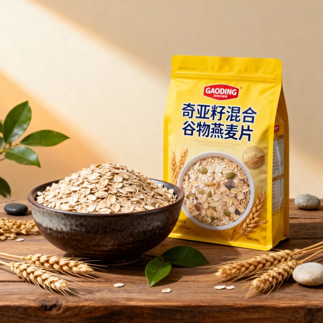 商业产品摄影，“GAODING”品牌的”奇亚籽混合谷物燕麦片“黄色包装袋置于画面右侧，左侧摆放一个装满生燕麦片的深色陶瓷碗，周围散落小麦穗、绿叶、鹅卵石作为点缀，背景是温暖柔和的浅米色渐变墙面，木质桌预览效果