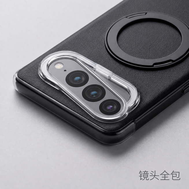 保留原图所有元素：黑色素皮手机壳、磁吸旋转支架、透明镜头边框、右下角“镜头全包”文字和纯净哑光背景，仅修改镜头区域，改为参考图二的三摄像头竖向长椭圆形开孔样式，三个摄像头间距和布局和图二一致，保持2K预览效果