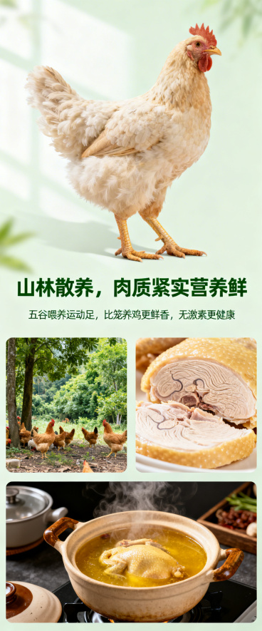 生成走地鸡生鲜电商详情页，总高度小于2000px。首屏放高清走地鸡产品图，核心卖点写"山林散养，肉质紧实营养鲜"，产品优势写"五谷喂养运动足，比笼养鸡更鲜香，无激素更健康"，细节展示散养环境和肉质纹理预览效果