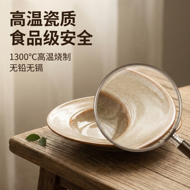 食品级安全材质，耐用安心。主标题“高温瓷质 食品级安全”加粗大字号，副标题“1300℃高温烧制 无铅无镉”小字号，文字放置于画面左上角。画面主体：放大镜效果放大展示草帽盘宽边的石纹肌理，细腻纹理清晰可预览效果