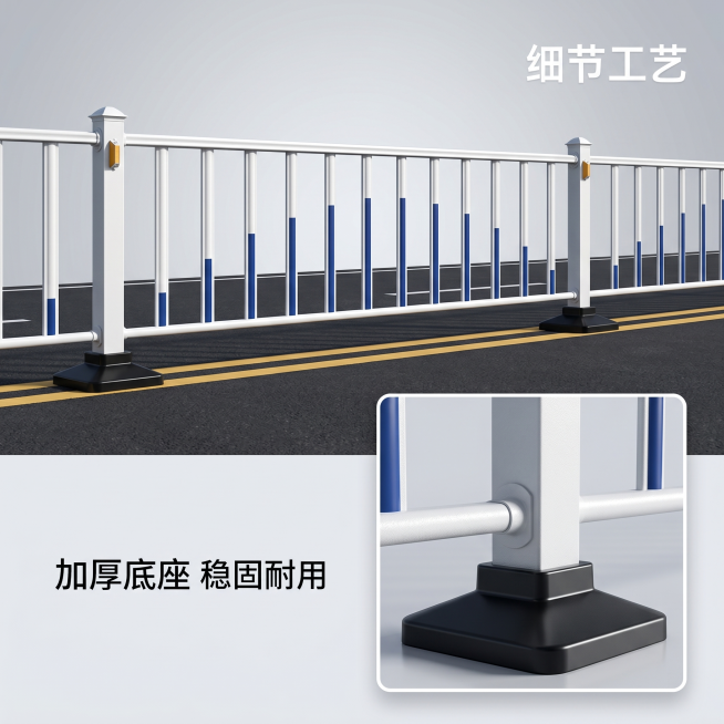 [主图-3] 市政护栏工艺细节展示
[氛围风格] 简约专业风格，保持整体调性统一
[画质] 商业摄影质感、光线明亮通透、产品清晰真实、画面干净高级
[元素] 整体为市政护栏产品，主画面展示护栏主体，右预览效果