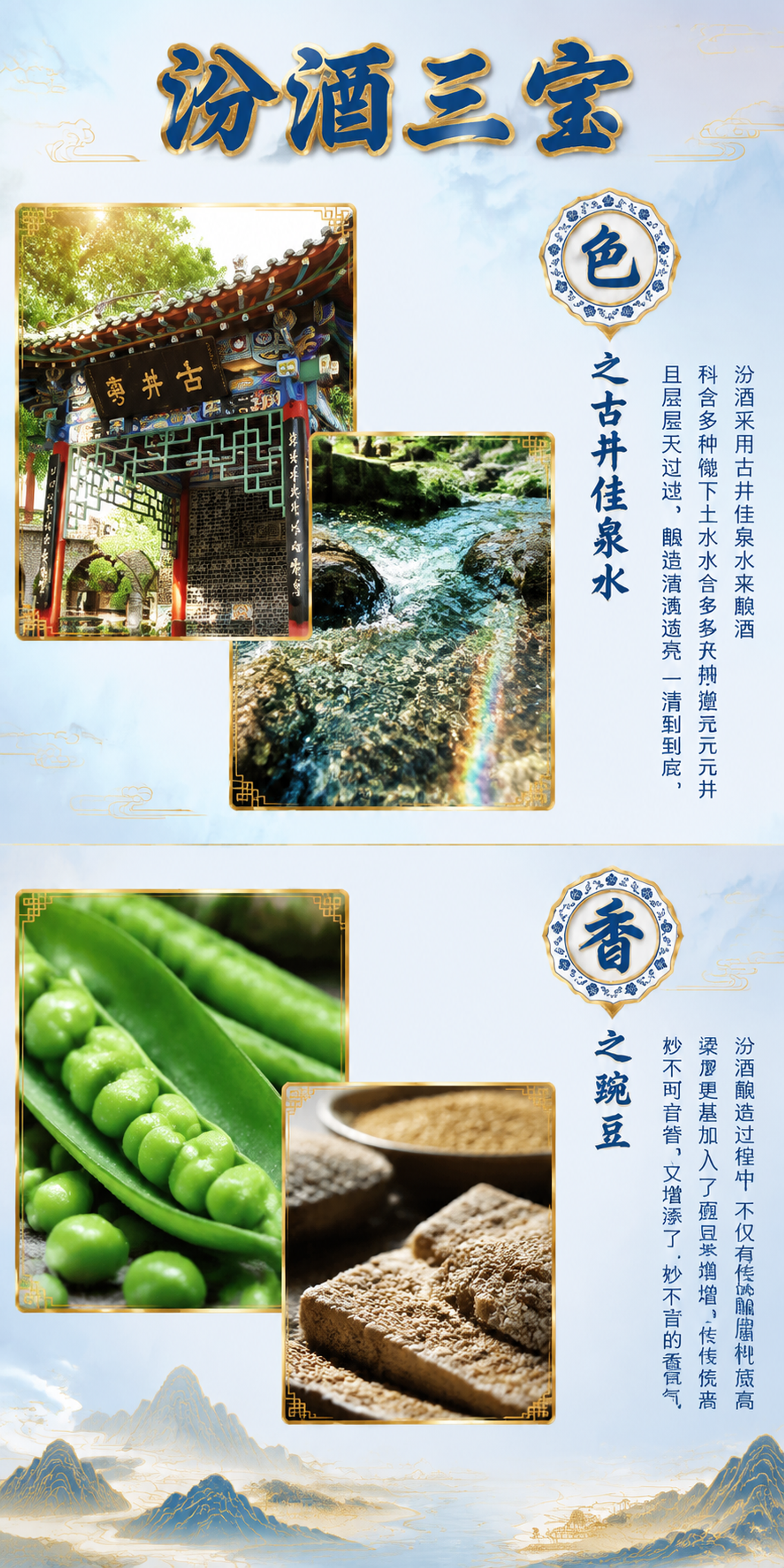 [第9张] 详情页汾酒三宝原料页-古井佳泉水+豌豆增香，背景场… - 图片创意预览