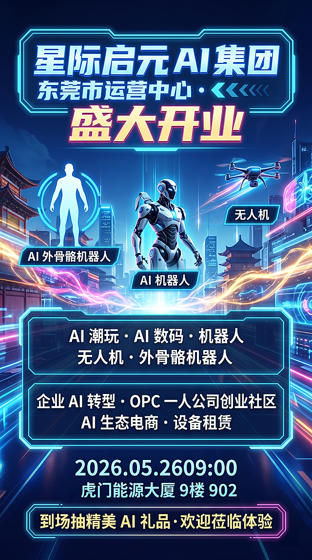未来科技炫酷邀请函，动感光效，赛博朋克科技感，AI 机器人、无人机、外骨骼机器人元素，明亮高清，适合活动引流，文字清晰无错，完整文案："星际启元 AI 集团东莞市运营中心・盛大开业 AI 潮玩・AI 数码・机器人・无人机・外骨骼机器人 企业 AI 转型・OPC 一人公司创业社区・AI 生态电商・设备租赁 2026.05.26 09:00 虎门能源大厦 9 楼 902 到场抽精美 AI 礼品・欢迎莅临体验"