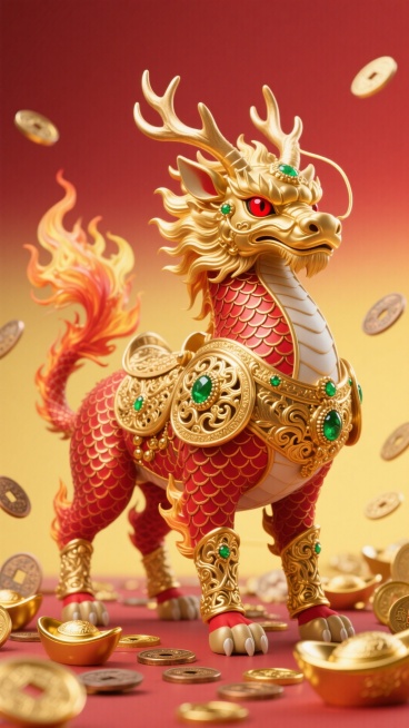 生成麒麟图片 主体：金色与红色相间的麒麟，头部、颈部、肩部、腹部等多处为金色，身体其余部分为红色，且有金色鳞片纹理。
装饰：身披金色的华丽鞍甲，鞍甲上有复杂的花纹雕刻，还镶嵌着绿色的宝石，增添了华贵感预览效果