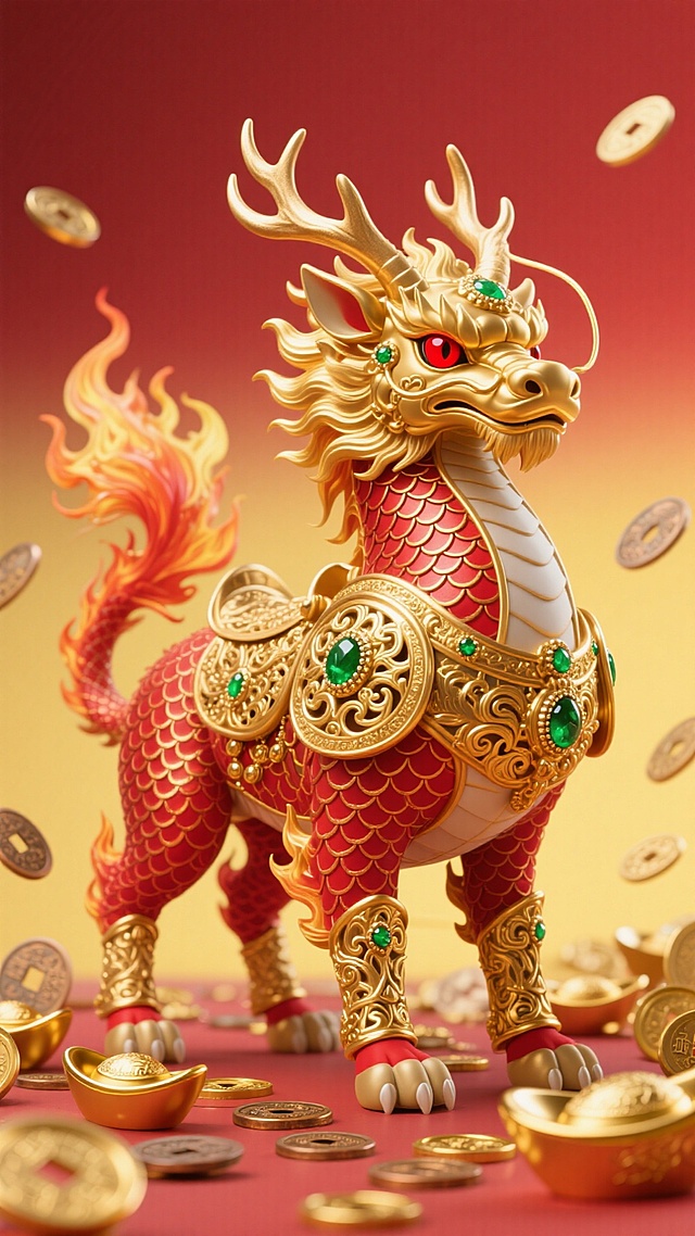 麒麟，主体：金色与红色相间的麒麟，头部、颈部、肩部、腹部等多处为金色，身体其余部分为红色，且有金色鳞片纹理。 装饰：身披金色的华丽鞍甲，鞍甲上有复杂的花纹雕刻，还镶嵌着绿色的宝石，增添了华贵感。 细节：头部有鹿角状的角，眼睛为红色，炯炯有神；尾巴呈火焰状，充满动感。 环境：周围有金色的元宝、铜钱，背景是红黄渐变的色调，整体营造出富贵、吉祥的氛围。