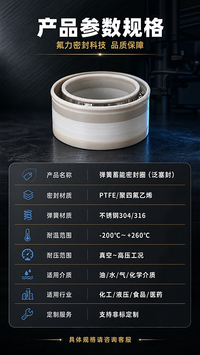 [商品] 使用【图7】浅米白色PTFE弹簧蓄能密封圈作为参数页产品展示；保留产品结构、颜色、材质，精修增强质感。
[画面] 第8张·规格参数。目标收口产品参数信息，作为详情页最后一张。画面上方放置一枚弹簧蓄能密封圈产品侧视产品图，占画面约30%；下方为参数表格区域，以深色半透明深色信息卡形式呈现参数。深色工业背景，简洁专业感强。竖版9:16构图。
[视觉] 套系策略：风格=深色工业风高端商业摄影；标题字=现代粗黑无衬线体；正文字=简洁无衬线体；主色=深黑灰工业底色；背景延展=基于深黑灰做渐变层级、金属拉丝纹理和工业场景剪影；强调色=科技蓝+金色，仅用于小面积图标、引线、标签和局部光效；标题色=白色+金色；正文色=浅灰色；组件=圆角深色信息卡、细线引线、工业图标；光影=左前上方主光+右侧轮廓光，产品金属与PTFE质感突出，暗部有层次。
[文字] 顶部主标题「产品参数规格」白色大号粗体字，下方副标题「氟力密封科技 品质保障」金色中号字。下方参数表以两列多行，左列为参数名（浅灰色，右列为参数值（白色），包括：「产品名称」+「弹簧蓄能密封圈（泛塞封）」、「密封材质」+「PTFE/聚四氟乙烯」、「弹簧材质」+「不锈钢304/316」、「耐温范围」+「-200℃~+260℃」、「耐压范围」+「真空~高压工况」、「适用介质」+「油/水/气/化学介质」、「适用行业」+「化工/液压/食品/医药」、「定制服务」+「支持非标定制」。表格有细金色分隔线。底部一行金色小字：「具体规格请咨询客服」。文字全部横排。
[规格] 图片比例9:16竖版，4K分辨率，负向提示：变形、错字、文字过小、产品结构错误、电商平台Logo、水印、绝对化用语、竖排文字。