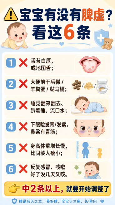 标题： ⚠️ 宝宝有没有脾虚？看这6条

清单（每点前加✅或❌）：

1️⃣ 舌苔白厚，或地图舌
2️⃣ 大便前干后稀 / 羊粪蛋 / 黏马桶
3️⃣ 睡觉翻来翻去、趴着睡、流口水
4️⃣ 下眼睑发青预览效果