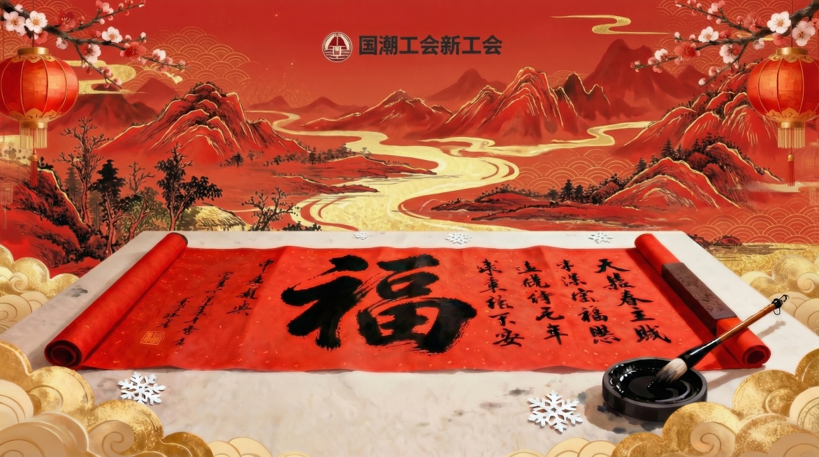 背景修改为红色新国潮的山水，上面logo预览效果