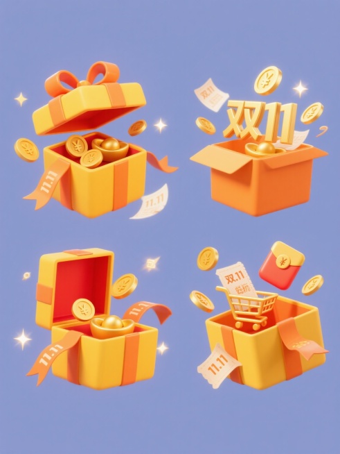 一套4个规整排布的电商营销素材，整体采用简约现代风格，纯色背景。第一个为原素材：一个橙黄色立体礼盒，顶部系着大蝴蝶结，礼盒中央打开，露出红色内盒，内有金色硬币和元宝符号，周围有飘带、金币和带有货币符号的纸张飞出，整体光影明亮，带有闪亮光效和星星点缀。第二个变体：橙黄色礼盒保持不变，内部和飞出的元素替换为金色“双11”字样与金币组合，飘带和纸张带有“11.11”图案。第三个变体：礼盒造型相同，内……预览效果