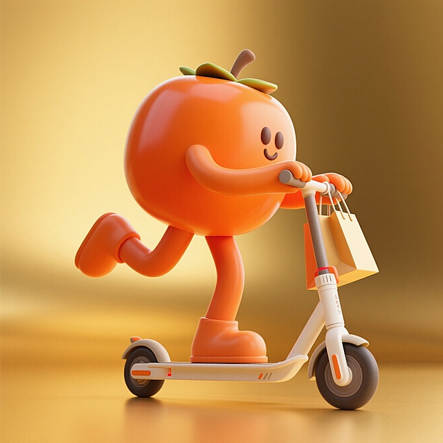 软3D风格的拟人化柿子骑着滑板车，在市集穿梭，充满可爱与趣味感，搭配温暖金黄背景，营造出卡通化的双11节日氛围。
