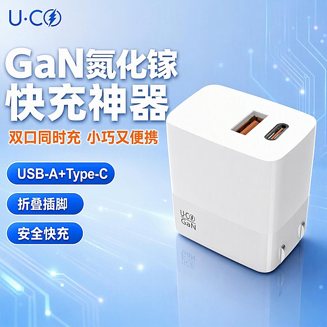 [主图-1] 商品识别与核心利益，突出U·CO GaN氮化镓双口快充充电器的完整外观与核心卖点。
[统一基调] 拼多多风格，大字直白，性价比感强；整体科技蓝白配色，背景为浅蓝渐变带科技光效；主标题白色粗体大字，副标题橙色强调；字体为无衬线粗体，字号层级分明；圆角卡片组件，整体视觉冲击力强。
[画面] 充电器产品居中偏右，占画面约60%，30°俯视角度，完整展示白色方形外观、顶部USB-A橙色接口与Type-C接口、侧面折叠插脚、正面U·CO GaN标识；产品下方有柔和倒影；左上角放置U·CO品牌Logo；背景为浅蓝色渐变，带有淡淡的电路纹理和蓝色光效粒子；画面左侧上方大字主标题，下方副标题和卖点标签。
[光影质感] 商业摄影质感，主光从左上方打来，产品表面有细腻高光，边缘清晰，底部有自然接触阴影，材质呈现光滑亮面塑料质感。
[配色] 主背景浅蓝渐变，主标题白色粗体，副标题橙色，卖点标签蓝底白字，整体科技感强。
[文字版式] 左上角品牌Logo；左侧上方超大号主标题"GaN氮化镓 快充神器"；主标题下方中号副标题"双口同时充 小巧又便携"；副标题下方三个圆角蓝底白字小标签，分别写"USB-A+Type-C"、"折叠插脚"、"安全快充"；文字均为横排，不遮挡产品主体。
[输出要求] 1:1正方形比例，2048*2048像素，文字清晰可读，产品清晰完整，无变形，无错字，无模糊，无杂乱元素，无水印，无平台Logo。