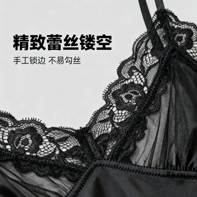[主图主题] 蕾丝花边背部细节展示主图
[氛围/风格] 特写质感，精致高级
[画面元素] 睡裙背部蕾丝花边局部特写，放大展示蕾丝镂空雕花纹理，蕾丝拼接网纱层次感清晰，走线工整细节精致，背景浅灰色干净简预览效果