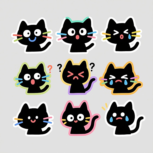 可爱猫咪表情包，卡通描边风设计，emoji风格展现多种情绪。