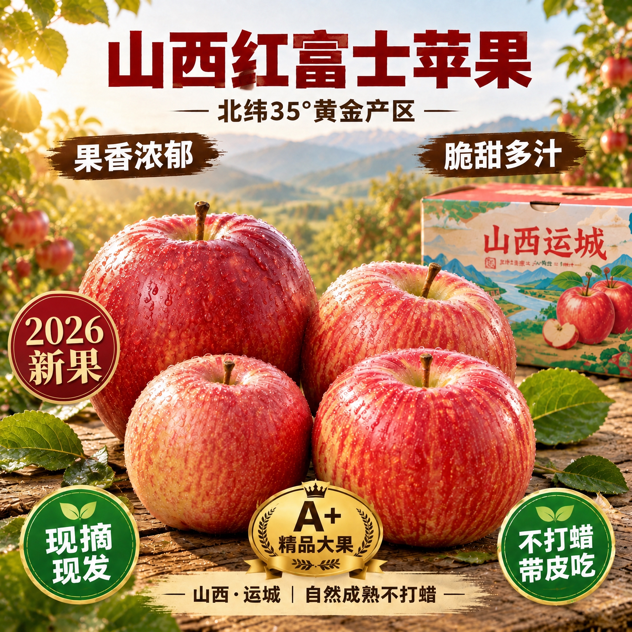 严格保持原图构图、光影、苹果、包装箱、竹篮、布料及所有原有中文… - 图片创意预览