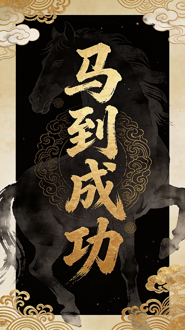 文案“马到成功”文字，烫金水墨，金色国风元素，文字横向排列，黑色背景（黑色中有马的轮廓）。