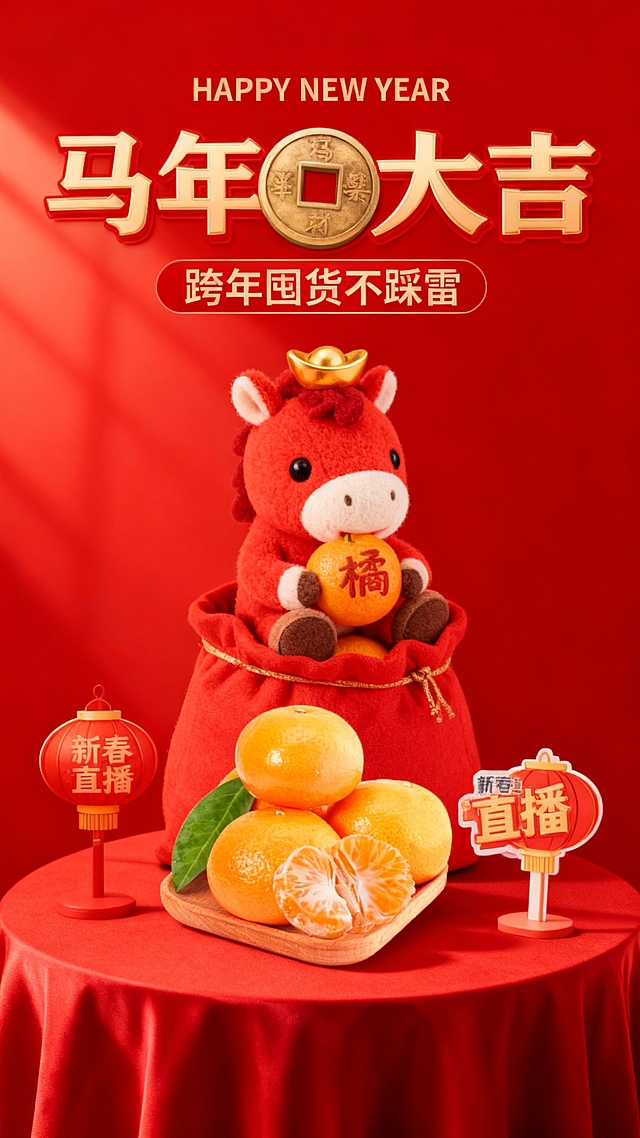 国潮风软3D插画，毛发生长质感的卡通马抱桔，红金配色喜庆十足，搭配布艺纹理与新春直播元素，营造可爱又热闹的节日氛围。