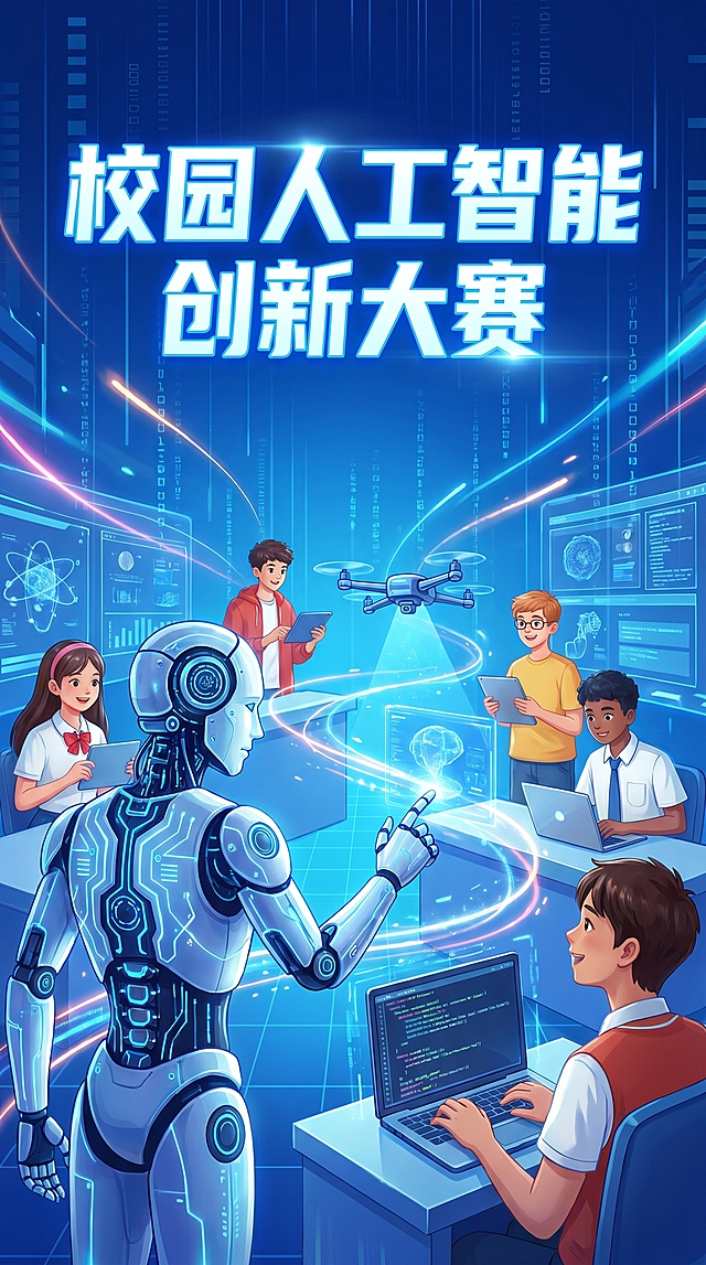 校园人工智能创新大赛宣传海报，蓝色科技感背景，展示AI机器人与青年学生，包含大赛主题文字"校园人工智能创新大赛"，整体青春活力充满科技创新氛围