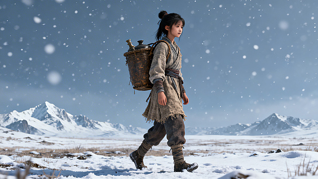 玄幻3D风格，中景：阿瑶背着药篓，踏雪走在荒原上，穿着粗布麻衣