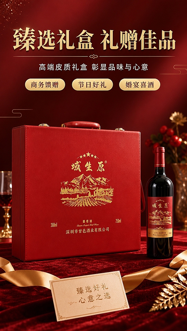 [商品] 使用【图8】域生原红色礼盒装与单瓶红酒图；保留红色皮质礼盒、金色"域生原"Logo与山水图案、金色文字、金属锁扣与提手、旁边红酒瓶；增强礼盒质感与金色烫金效果，清晰化礼盒上所有文字，不改变商品本体文字与图案。
[画面] 目标：礼盒展示，突出礼赠价值与高端感。构图：居中展示，礼盒在左、单瓶在右，形成组合，占画面约65%。场景：精致桌面，暗红色丝绒布垫底，柔和暖光，营造节日送礼氛围。前景：礼盒与酒瓶；中景：装饰元素（如金色丝带、贺卡）；背景：深红色渐变虚化。阅读动线：从礼盒到单瓶，感受整体礼赠价值。
[视觉] 套系策略：风格=高端红酒商业摄影，红金质感；标题字=宋体衬线粗体，典雅大气；正文字=简洁无衬线体；主色=酒红深红；背景延展=基于酒红色做深浅渐变、暗纹肌理和金色点缀；强调色=金色，仅用于小面积图标、引线、装饰线条和重点文字；标题色=金色；正文色=米白色；组件=金色细线分割、圆角信息卡、古典装饰纹样；光影=暖调柔光，礼盒皮质纹理清晰，金色部分有光泽。
[文字] 顶部主标题「臻选礼盒 礼赠佳品」，金色大字；副标题「高端皮质礼盒 彰显品味与心意」，米白色；下方3个礼赠场景标签：「商务馈赠」「节日好礼」「婚宴喜酒」，金色圆角底+深红文字。文字区位于画面上方，不遮挡礼盒与酒瓶主体。
[规格] 图片比例9:16竖版，4K分辨率，medium质量。避免变形、错字、文字过小、礼盒颜色改变、文字错乱、绝对化用语。