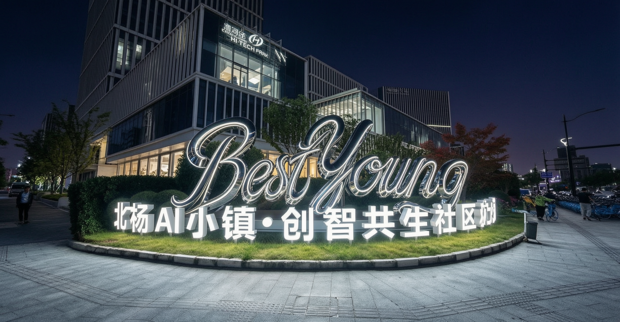 改成夜景效果图，文字和雕塑为正白光发光，中文字正面发光，英文雕塑改为镜面不锈钢材质，图中白色线条发光，保持原有构图和内容不变预览效果