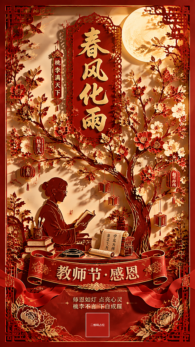 中国传统剪纸与多层纸雕艺术风格教师节海报，9:16竖版，纵向多层镂空结构，层层留隙侧光穿透投下剪纸阴影，形成纵向桃李丰收之树。具象镂空，拒绝扁平，有强烈的纸雕层次感和光影投射。

底层：红绸底座与"教师节·感恩"字样带，暖金米白衬底；
中层：教师执书侧影与砚台书卷，剪纸镂空造型；
上层：桃李花枝向上舒展，缀挂小灯笼和小书本装饰，枝叶繁茂；
顶层：一轮圆月，洒下柔和金光。

配色：沉稳中国红配暖金米白，喜庆不艳俗，传统民俗艺术质感。

中上位置红底金字镂空主标题"春风化雨"，字体为传统书法风格，醒目庄重；主标题侧旁竖排"桃李满天下"小字装饰。

整体为传统民俗剪纸纸雕艺术，层层叠叠有立体感，侧光从侧面打入射出层层剪纸阴影，光影丰富。版式精美，构图均衡，四周留安全边距。画面中所有信息区域填充完整合理内容，无空白占位。画面中所有二维码区域使用纯色方块占位符呈现，方块中央标注"二维码占位"文字，严禁生成任何可识别的二维码图案。
