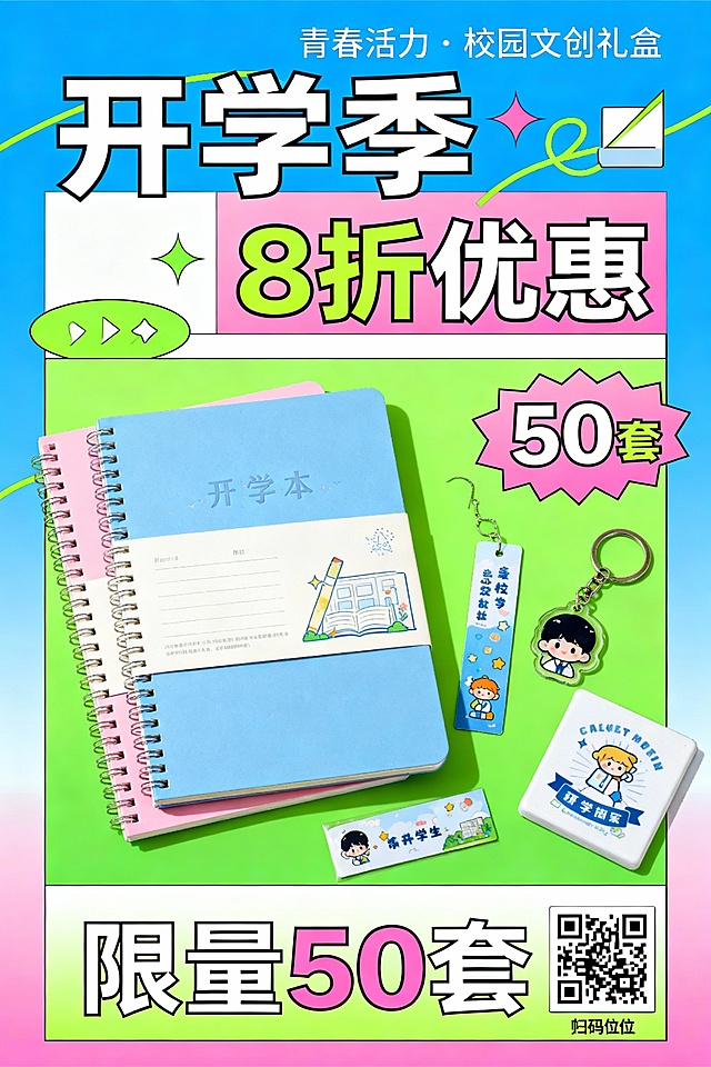 ：校园定制文创礼盒（含笔记本、钥匙扣、书签），促销信息“开学季8折优惠”“限量50套”，内容：风格青春活力，包含产品实物元素、促销文案、购买二维码占位符。制作海报目标受众为在校大学生。