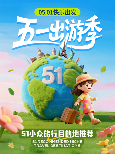 蓝色趣味3D五一出游季小众景点推荐经验分享小红书封面预览效果