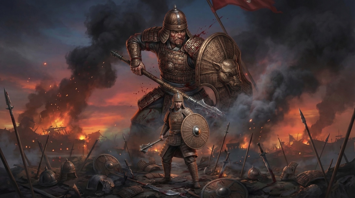 横版游戏兵种展示图，背景是藤甲兵的立绘原画，立绘尺寸很大，前方是藤甲兵的写实3D建模，建模尺寸很小。整体背景是战场场景，地面散落着破败的武器和装甲，天空弥漫着黑烟，远方火焰烧红了半边天，去掉原图上所有预览效果