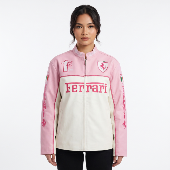 [主图1] 菲律宾年轻女性模特穿着粉白拼色Ferrari刺绣赛车夹克摆拍，拉链拉上。保持夹克的外观（物理结构、材质质感、颜色、刺绣细节和所有标志）与输入产品图绝对一致，杜绝任何变形和色差，精细化处理。预览效果